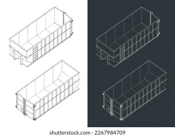 Ilustración vectorial estilizada de planos isométricos de grandes contenedores de desechos industriales para camiones de desechos