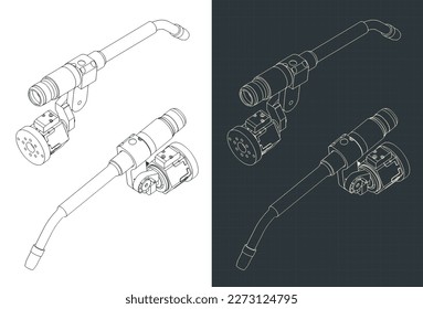Ilustración vectorial estilizada de planos isométricos de la antorcha de soldadura para un robot de soldadura