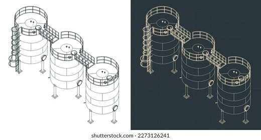 Stylized vector illustration of isometric blueprints of big fermentation stainless steel tanks