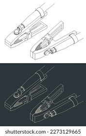 Stylized vector illustration of isometric blueprints of welding earth clamp