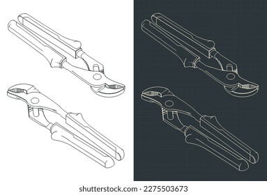 Stylized vector illustration of isometric blueprints of slip joint water pump pliers