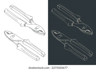Stylized vector illustration of isometric blueprints of slip joint pliers