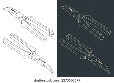 Ilustración vectorial estilizada de planos isométricos de alicates de nariz largos doblados