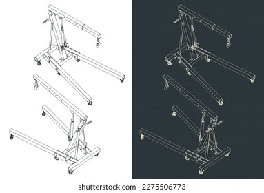 Stylized vector illustration of isometric blueprints of folding engine crane