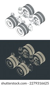 Stylized vector illustration of isometric blueprints of lift axle for trailer