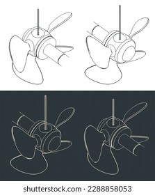 Stylized vector illustration of isometric blueprints of propeller screw with variable blade angle