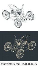 Stylized vector illustration of isometric blueprints of quad bike