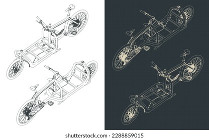 Stylized vector illustration of isometric blueprints of cargo bike