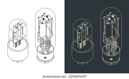Stylized vector illustration of isometric blueprints of vacuum tubes