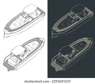 Stylized vector illustration of isometric blueprints of speedboat