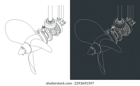 Stylized vector illustration of isometric blueprints of outboard motor gearbox