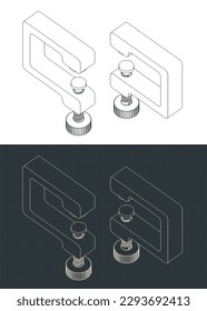 Stylized vector illustration of isometric blueprints of c-clamp