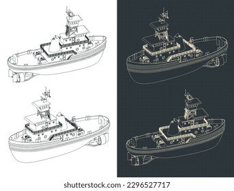 Stylized vector illustration of isometric blueprints of tug boat