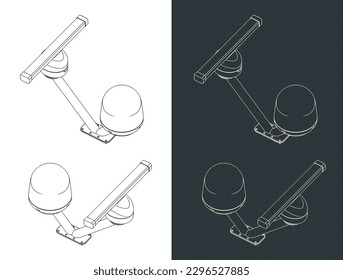 Stylized vector illustration of isometric blueprints of marine navigation radars