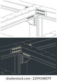 Stylized vector illustration of isometric blueprints of steel beam to beam connections