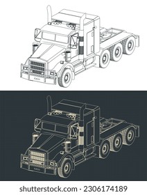 Stylized vector illustration of isometric blueprints of truck tractor