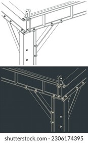 Ilustración vectorial estilizada de planos isométricos del haz de acero a las conexiones de haz