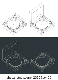 Stylized vector illustration of isometric blueprints of turntable vinyl