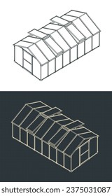 Stylized vector illustration of isometric blueprints of a greenhouse