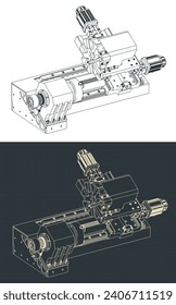 Stylized vector illustration of isometric blueprints of CNC lathe machine