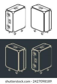 Stylized vector illustration of isometric blueprints of rolling road case for stage equipment