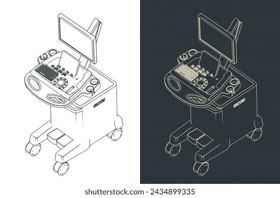 Stylized vector illustration of isometric blueprints of ultrasound machine