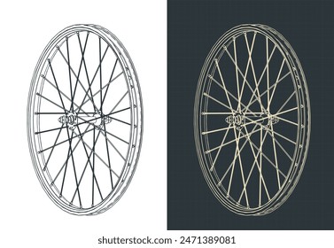 Stylized vector illustration of isometric blueprints of bicycle rim