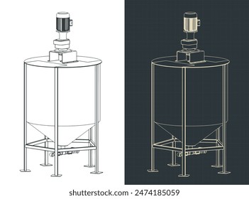 Stylized vector illustration of isometric blueprints of large industrial tank mixer