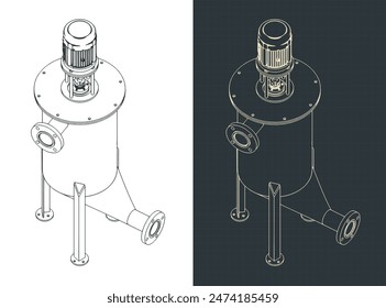 Ilustración vectorial estilizada de planos isométricos de mezclador de tanque industrial