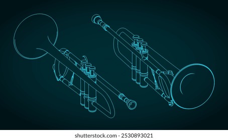 Ilustração vetorial estilizada de esquemas isométricos de um trompete sem cruzes