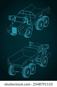 Ilustración vectorial estilizada de planos isométricos del Grande camión de volteo industrial de minería
