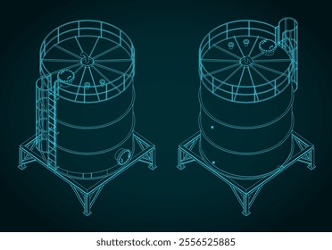 Stylized vector illustration of isometric blueprints of storage tank