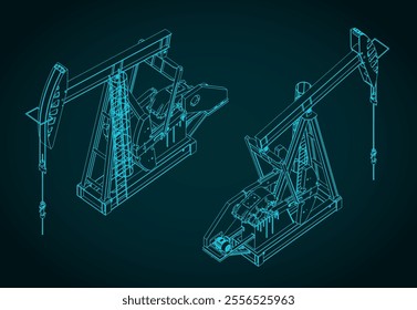 Stylized vector illustration of isometric blueprints of oil pump jack