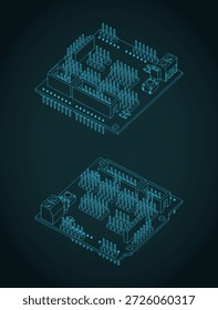 Stylized vector illustration of isometric  blueprints of arduino uno sensor shield