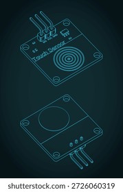 Ilustração vetorial estilizada de esquemas isométricos de sensor de toque capacitivo