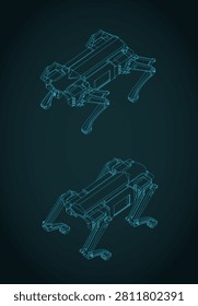 Stylized vector illustration of isometric blueprints of quadruped robot