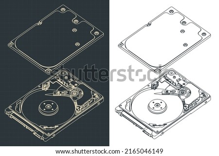 Stylized vector illustration of isometric blueprints of hard disk drive