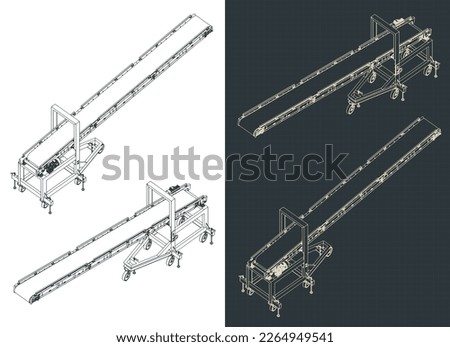 Stylized vector illustration of isometric blueprints of inclination loading conveyor