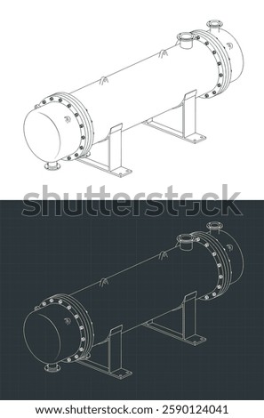 Stylized vector illustration of isometric blueprints of shell and tube heat exchanger