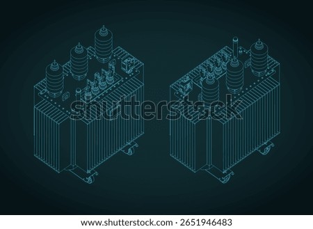 Stylized vector illustration of isometric blueprints of power three-phase transformer