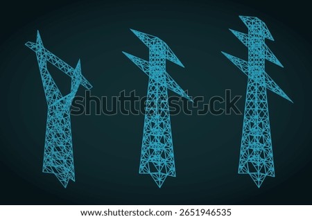 Stylized vector illustration of isometric blueprints of power poles