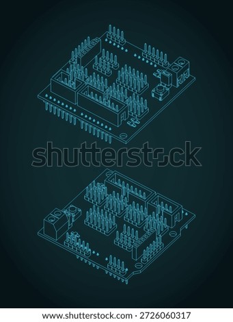 Stylized vector illustration of isometric  blueprints of arduino uno sensor shield
