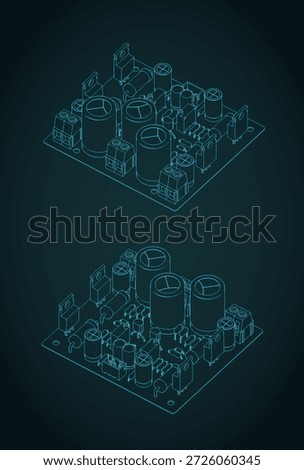 Stylized vector illustration of isometric blueprints of a Hi-Fi stereo audio amplifier board
