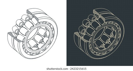 Stylized vector illustration of an isometric cutaway blueprints of a spherical roller bearing