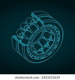 Stylized vector illustration of an isometric cutaway blueprint of a spherical roller bearing