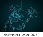 Stylized vector illustration of isometric drawings of ball valves