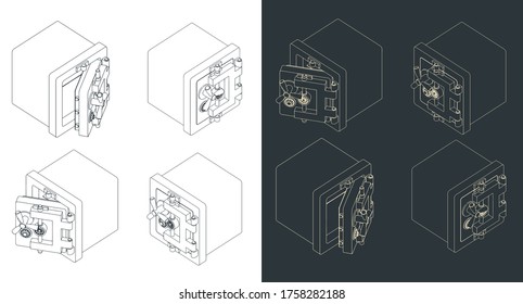 Stylized vector illustration of isometric drawings of a closed and open safe