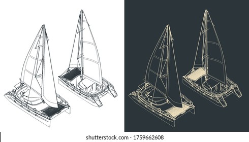 Stylized vector illustration of isometric drawings of a sailing catamaran