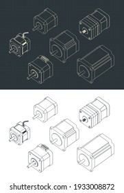 Stylized vector illustration of isometric drawings of a set of stepper motors