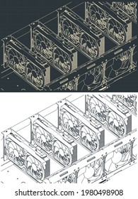 Stylized vector illustration of isometric drawings of a mining farm close-up